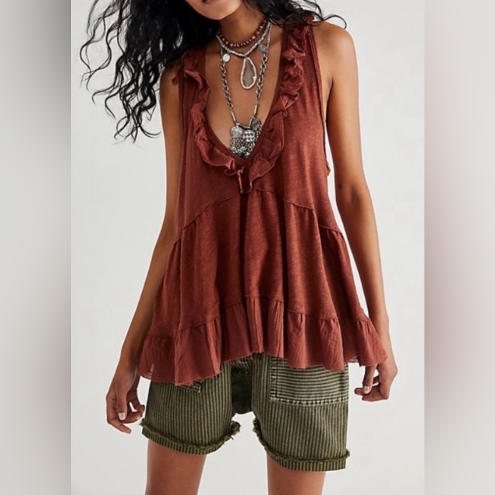Free People Out and About Ruffled Tank Top in Burnt Orange size Medium